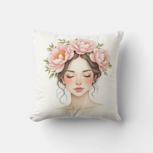 Woman with Peony Flower Cushion