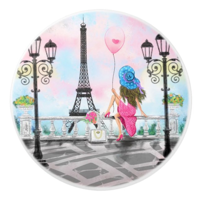 Woman with Pink Balloon in Paris Ceramic Knob (Front)