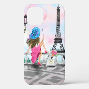 Woman with Pink Balloon In Paris Eiffel Tower iPhone 12 Case