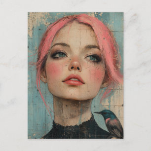 Woman with pink hair and a bird on her shoulder postcard