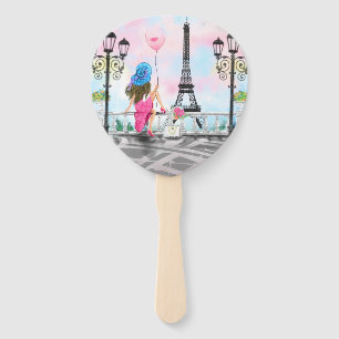 Woman with Pink Heart Balloon In Paris Hand Fan