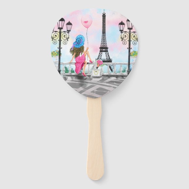 Woman with Pink Heart Balloon In Paris Hand Fan (Front)