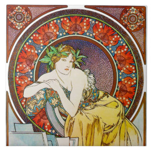 Woman with Poppy, Mucha Ceramic Tile