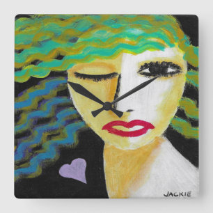 Woman with Purple Heart Abstract Art Square Wall Clock