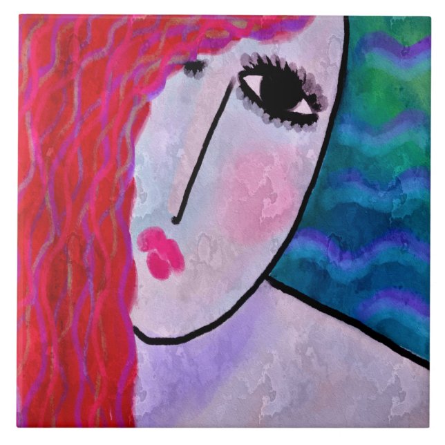 Woman with Red Hair 2 Abstract Digital Painting Ceramic Tile (Front)
