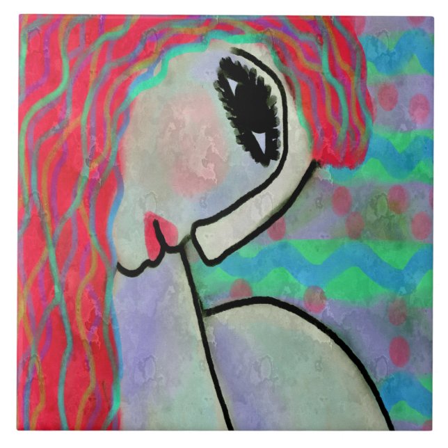 Woman with Red Hair Abstract Digital Painting Ceramic Tile (Front)