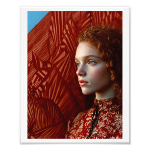 Woman with red hair by a painting of red horses photo print
