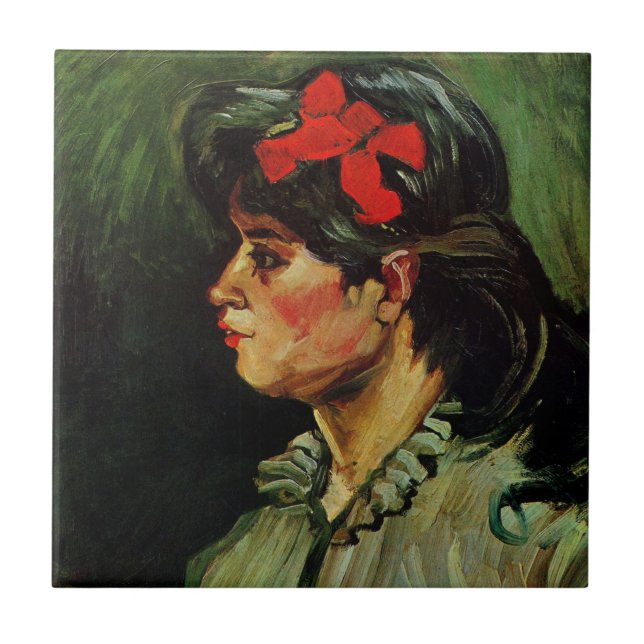 Woman with Red Ribbon Portrait by Vincent van Gogh Ceramic Tile (Front)