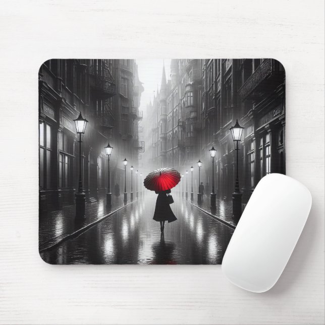 Woman With Red Umbrella In The Rain Mouse Pad (With Mouse)