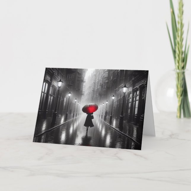Woman With Red Umbrella Thinking Of You Card (Front)