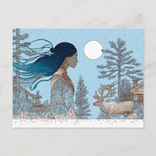 Woman with reindeer in the snow by log cabin holiday postcard