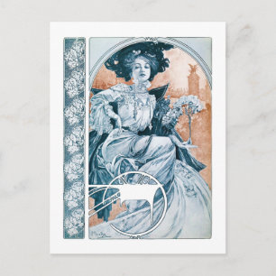 Woman with Rose, Mucha Postcard
