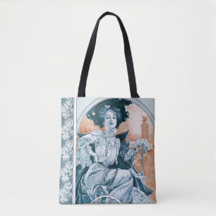 Woman with Rose, Mucha Tote Bag