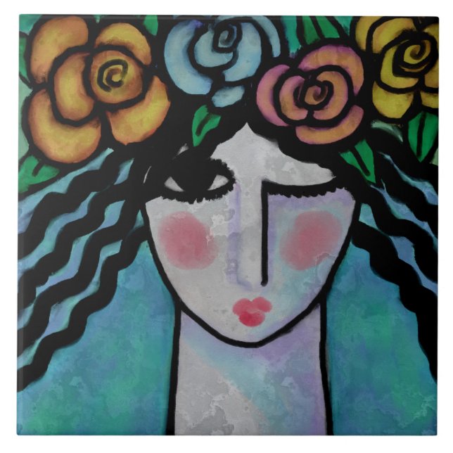 Woman with Roses in Her Hair Ceramic Tile (Front)