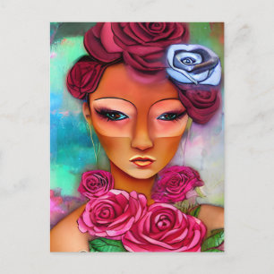 Woman With Roses Mixed Media Collage Postcard