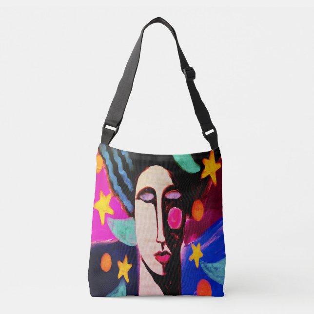 Woman with Stars Abstract Painting Crossbody Bag (Front)