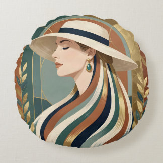 Woman with sunhat art deco round cushion
