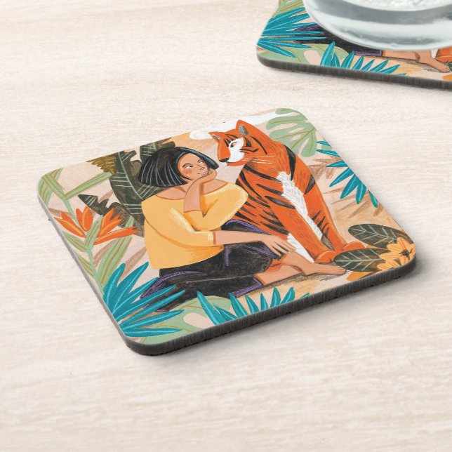 Woman with tiger sunset jungle coaster (Left Side)
