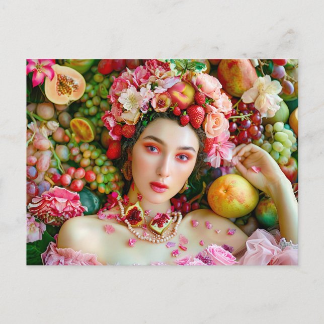 Woman with tropical fruits and floral accents postcard (Front)