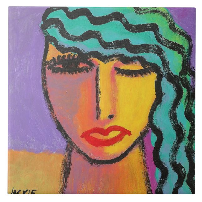 Woman with Turquoise Hair Abstract Portrait Ceramic Tile (Front)