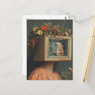 Woman with TV head and flowers surreal  Postcard