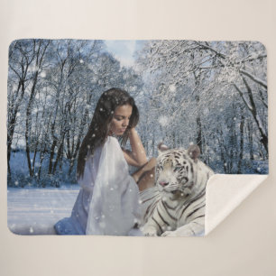 WOMAN with WHITE TIGER Sherpa Blanket