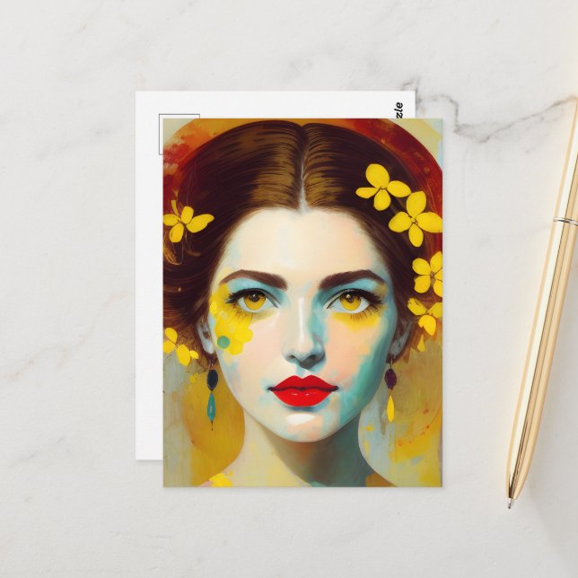 Woman With Yellow Flowers Postcard (Front/Back In Situ)