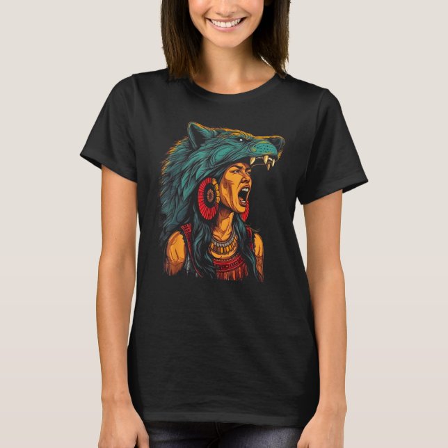 Woman Wolf Head Mask Native American Spirituality T-Shirt (Front)
