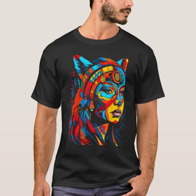 Woman Wolf Head Native American Creative T-Shirt (Front)