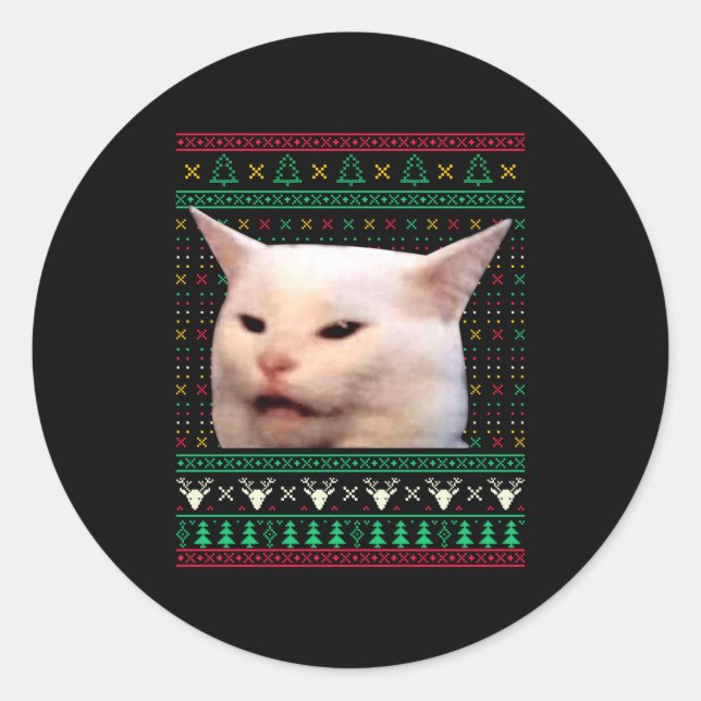 Woman Yelling At A Cat Ugly X-mas Sweaters Funny M Classic Round Sticker (Front)