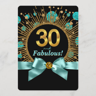 Womans 30th Birthday Teal Blue and Gold Glitter Invitation