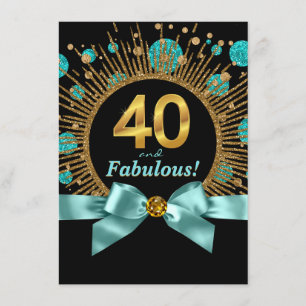 Womans 40th Birthday Party Teal Blue and Gold Invitation