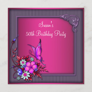 Womans 50th Birthday Pink Purple Butterfly Floral Invitation