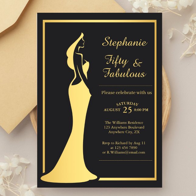 Woman's 50th Modern Gold Cocktail Dress Birthday Invitation (Creator Uploaded)