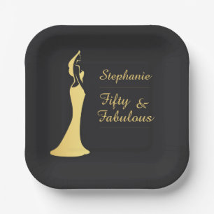 Woman's 50th Modern Gold Cocktail Dress Birthday Paper Plate