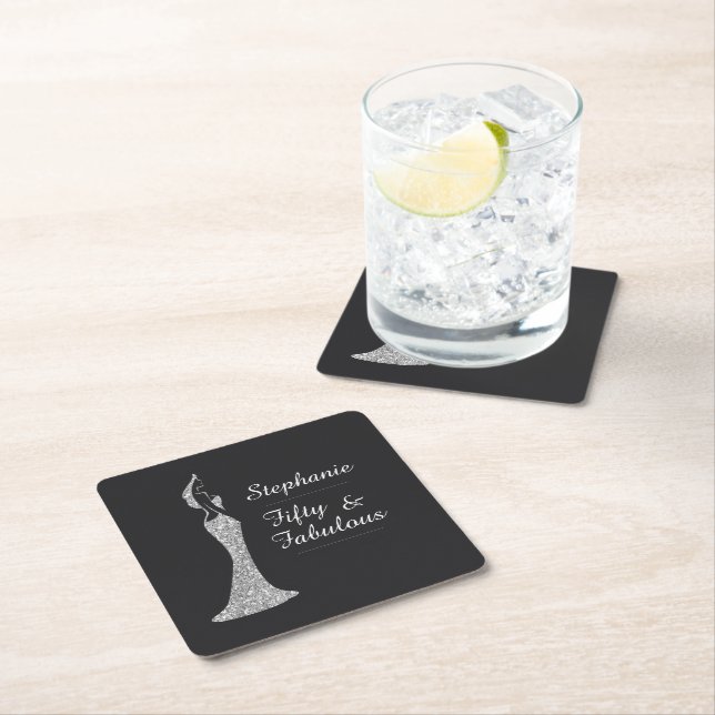 Woman's 50th Modern Silver Cocktail Dress Birthday Square Paper Coaster (Insitu)