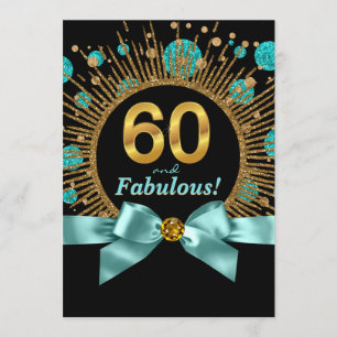Womans 60th Birthday Teal Blue and Gold Glitter Invitation