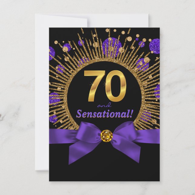 Womans 70th Birthday Party Purple and Gold Invitation (Front)