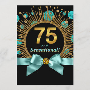 Womans 70th Birthday Party Teal Blue and Gold Invitation