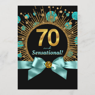 Womans 70th Birthday Party Teal Blue and Gold Invitation
