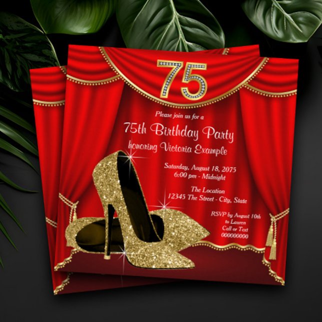 Womans 75th Birthday Invitation (Womans elegant red and gold 75th birthday party invitation. Simply add your event details.)