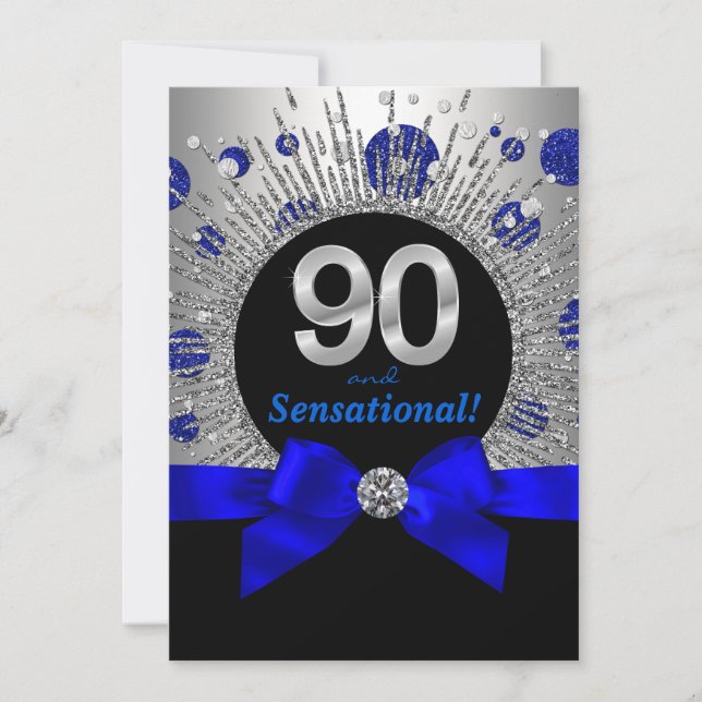 Womans 90th Birthday Party Royal Blue Silver Invitation (Front)