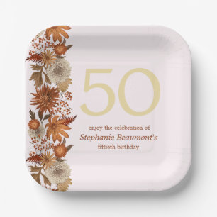 Woman's Autumn Flower Surprise 50th Birthday Paper Plate