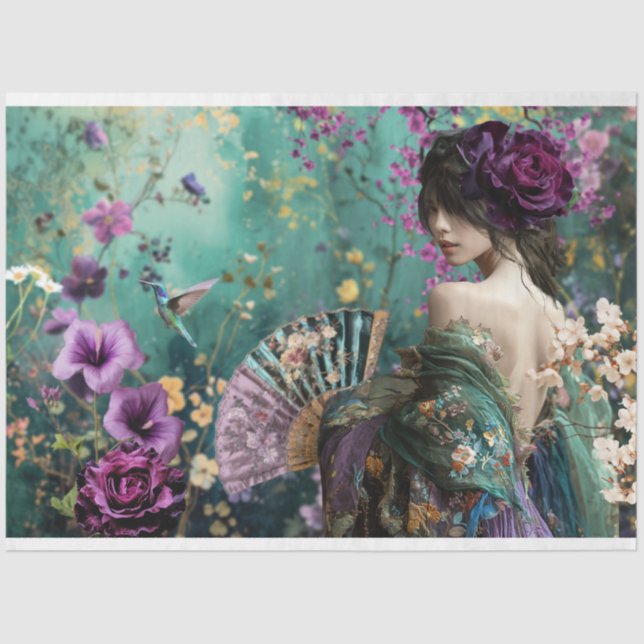 Woman's Back, Bird & Floral Fantasy Portrait Art Tissue Paper (Front)