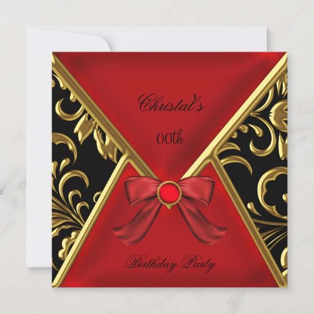 Womans Birthday Party Gold Red Black Gold Damask Invitation (Front)