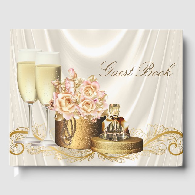 Womans Birthday Party Guest Book Ivory Gold (Front)
