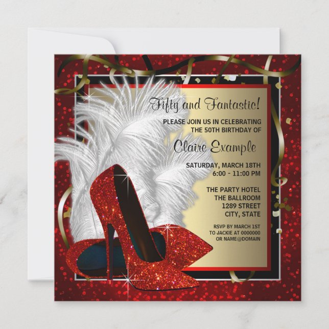 Womans Black and Red High Heels Birthday Party Invitation (Front)