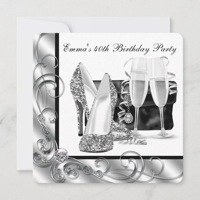 Womans Black and White Birthday Party Invitation (Front)