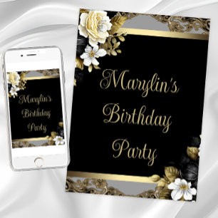 Womans Black Gold Elegant Floral Birthday Party Invitation