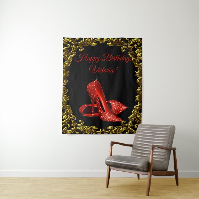 Womans Black Gold Red Shoe Birthday Party Backdrop Tapestry (In Situ)